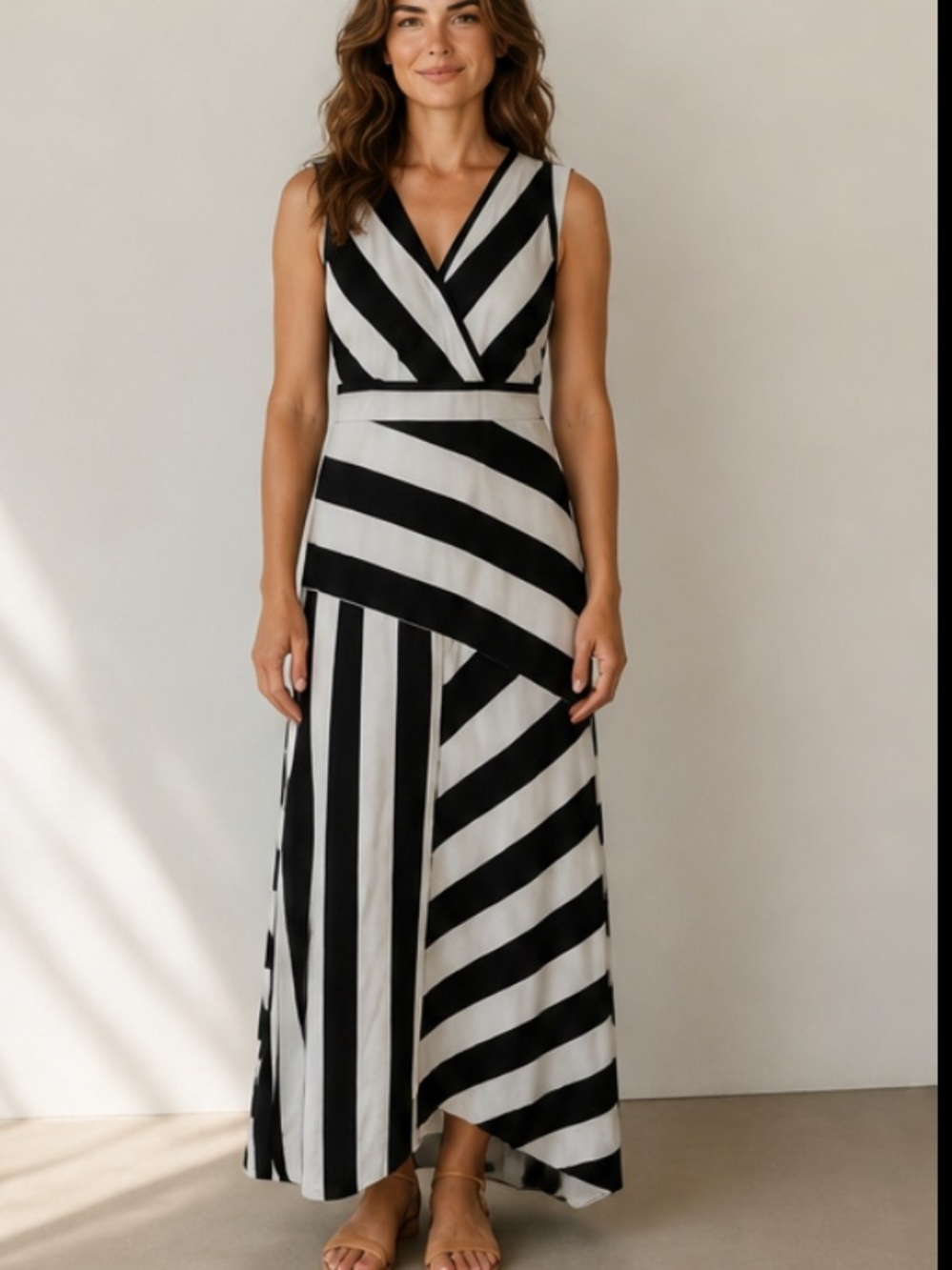 G.Ci Black & White Graphic Geometric Striped Maxi Dress – Size S